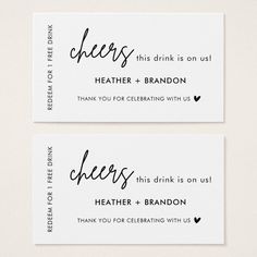 two business cards with the words cheers and cheers written in cursive writing on them