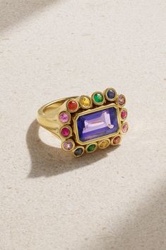 A love of color and playful design is evident in all of Brent Neale's jewelry. This one-of-a-kind 'Wildflower' ring is handmade from 18-karat gold, centered with a gleaming tanzanite and illuminated by rainbow sapphires and an emerald. Wear yours as a statement piece on special occasions. Brent Neale, Rainbow Sapphires, Emerald Ring Gold, Amethyst And Diamond Ring, Tourmaline Ring, Stone Gold, Multi Stone Ring, Gold Diamond Rings, Multi Stone