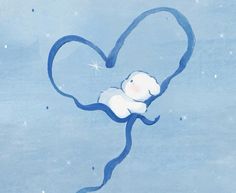 a drawing of a heart shaped animal on a blue background with stars in the sky