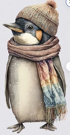 a penguin with a hat and scarf wrapped around it's neck, wearing a knitted cap