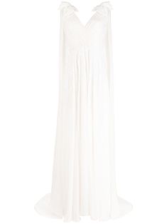 ivory white silk fully pleated sequin design V-neck bow detailing rear cape insert sleeveless fitted waistline floor-length Neck Cape Dress, Uzun Boy, Gown White, Sequin Design, Neck Bow, Versace Outfit, Ivory Silk, Jenny Packham, Cape Dress