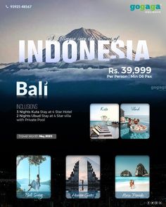 an advertisement for indonesia's tourism company in the middle of the night, with images of mountains and people