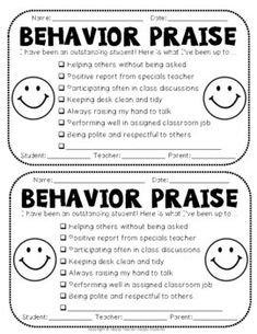 two behavior cards with the words behavior praise and behavior phrases in black ink on white paper