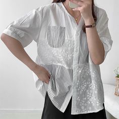 Women's V-Neck Embroidery Mid-Sleeve Solid Single Breasted Shirt Elegant Blouse White Short Sleeve Blouse With Patchwork, Spring Short Sleeve Patchwork Shirt, Casual V-neck Shirt With Floral Embroidery, Spring V-neck Patchwork Blouse, Cotton V-neck Patchwork Blouse, V-neck Cotton Blouse With Patchwork, Cotton Patchwork V-neck Blouse, Cotton V-neck Blouse With Patchwork, Cotton V-neck Blouse With Floral Embroidery