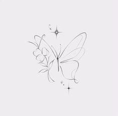 a drawing of a butterfly with flowers on it's wings and two stars flying in the sky