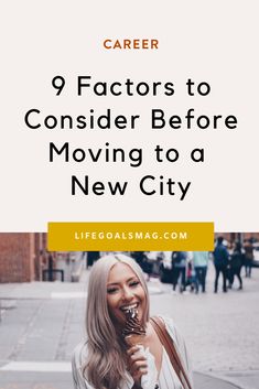 a woman eating a chocolate donut with the title 9 factorors to consider before moving to a new city