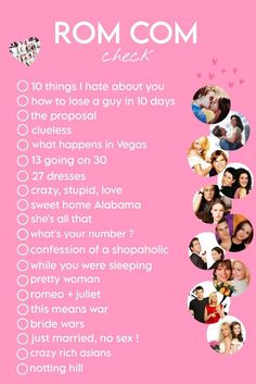 a pink poster with the words rom com checklist written in white letters on it