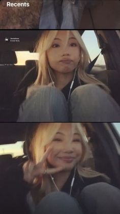 two pictures of a woman sitting in the back seat of a car with headphones hanging from her ears