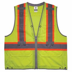 an orange and grey safety vest with reflective stripes on the front, two zippers at the back