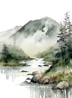 a watercolor painting of a mountain river