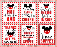 mickey mouse birthday party signs with red and white polka dots on the bottom, one for each