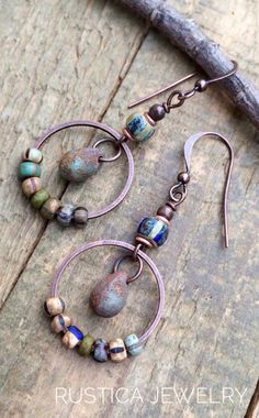 Colorful Glass Earrings, Boho Dangle Earrings, Copper and Glass Drop Earrings, Small Copper Hoop Earrings, Colorful Handmade Jewelry Twisted Tree, Glass Drop Earrings, Handmade Inspiration, Earrings Colorful, Beaded Drop Earrings, Jewelry Tree, Earrings Small, Bohemian Earrings, Beaded Dangle Earrings