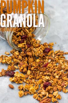 pumpkin granola with cranberries and almonds in a glass jar