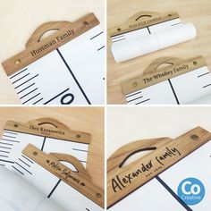 four different pictures of wooden cutting boards with names and numbers on them, including the nameplates for each family