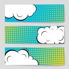 two comic bookmarks with white clouds on blue and yellow halftone background, one is empty