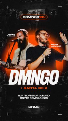 two men singing into microphones in front of a black background with the words dmggo and santa geia