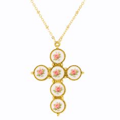 Gold Tone Pink Flower Decal Cross 30 In Channel Jewelry, Chic Fashionista, 1928 Jewelry, Vintage Inspired Jewelry, Flower Pendant Necklace, Cross Jewelry, Gold Dipped, Religious Jewelry, Cross Pendant Necklace