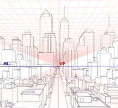 a line drawing of a city with buildings and skyscrapers in red, white and blue