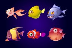 a group of different types of fish on a blue background