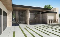 an artist's rendering of a modern house with grass on the ground and stone walls