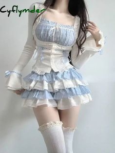 Cyflymder 2024 Summer Kawaii Lolita Suit Japanese Style Slim Lace Tops + Bodycon Y2k Mini Skirt Fas Top In Pizzo, Mini Skirt Fashion, Y2k Mini Skirt, Kawaii Outfits, Skirts Vintage, Kawaii Clothing, Style Kawaii, 2 Piece Skirt Set, Outfit References