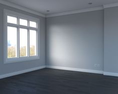 an empty room with white walls and wood floors