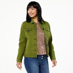 DG2 by Diane Gilman Virtual Stretch Denim Pesto Jacket  Your any-season essential, the denim jacket is a perennial favorite for a reason. Featuring Diane's all-weather, cotton-rich virtual stretch denim and figure-flattering tailored details like dual tapered princess seams, it's the perfect piece to keep handy when the occasion calls for (cute) and casual coverage. Princess Seams, For A Reason, Workout Jacket, Princess Seam, Green Jacket, Outerwear Jackets, Pesto, Stretch Denim, Fashion Clothes Women