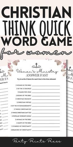 the printable christian think quick word game is shown on top of a pink background