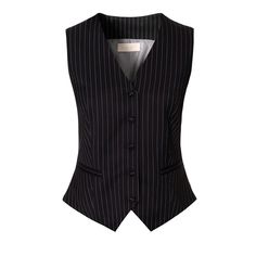 Single Breasted suit vest, made of tennis-striped material. Fastened with fabric-coated buttons. The cut underlines the waist. Wear it with Pants Erin Black Shadow or Skirt Ezra Black Shadow and Blazer Ana Black Shadow to complete a look. DRY CLEANING Iron at 110°C  COMPOSITION: 61% Polyester, 37% Viscose, 2% Spandex  LINING: 100% Acetate Fashion Vest Womens, Stripe Vest Outfit, Pin Stripe Vest, Junko Cosplay, Hope Core, Prince Aesthetic, Single Breasted Suit, Form Style, Versace Jacket