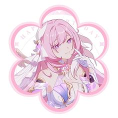 an anime character with pink hair holding a white cat in her hand and the words happy birthday