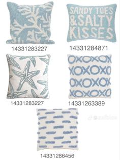 four pillows with different designs on them and numbers in the middle one for each pillow