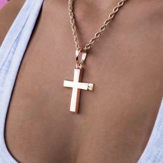 Introducing the Simple Cross Pendant in 14k Rose Gold. We made a larger version of your favorite micro cross that is simple, easy to style, and great for everyday wear. Pair it with our Rope Chain in Rose Gold to create a stunning set that you can rock year round. This product is guaranteed for life - GLD will repair the item should you experience any defects in craftsmanship or breakage. Specifications - 32mm x 38mm (Width x Height) - Bail: Fits up to 8.5mm Diamond Cuban Chain - Weight: (Weight Rose Gold Cross Pendant Jewelry For Everyday, Rose Gold Cross Pendant Jewelry, Minimalist Rose Gold Cross Pendant Necklace, 14k Rose Gold Cross Necklace, Simple Cross, Cuban Chain, Rope Chain, Cross Pendant, For Life