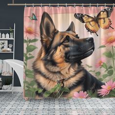 a dog with a butterfly on it's head is sitting in front of a shower curtain