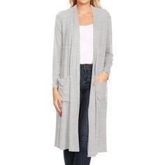 Product Description: Solid duster cardigan in a loose fit with an open front, long sleeves, and side pockets. Approx: Length: 42.5in, Bust: 37in, Sleeve: 23in, Shoulder: 18in Model is wearing a size SMALL Size Chart(Inches) / HCD00875 S => Shoulder: 19 / Sleeve: 24 / Length: 43.5 M => Shoulder: 18.5 / Sleeve: 23.5 / Length: 43 L => Shoulder: 18 / Sleeve: 23 / Length: 42.5 1XL => Shoulder: 19.5 / Sleeve: 24.5 / Length: 44 2XL => Shoulder: 20 / Sleeve: 25 / Length: 44.5 3XL => Shoulder: 20.5 / Sle Open Front Cardigan With Pockets For Loungewear, Gray Long Sleeve Sweater Coat With Pockets, Gray Sweater Coat With Pockets, Open Front Cardigan With Pockets For Layering, Everyday Long Sleeve Sweater Coat With Pockets, Long Gray Sweater Coat With Pockets, Gray Long Sweater Coat With Pockets, Relaxed Fit Open Front Cardigan With Pockets, Oversized Open Front Cardigan With Pockets