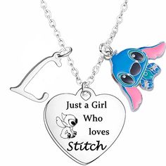 two necklaces that say, just a girl who loves stitch and the same one