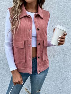 Flap Pocket Corduroy Vest Jacket Dusty Pink Casual  Sleeveless Corduroy Plain vest Non-Stretch  Women Clothing, size features are:Bust: ,Length: ,Sleeve Length: Corduroy Vest, Sleeveless Vest Jacket, Chaleco Casual, Plain Vest, Woman Vest, Sleeveless Coat, Women Outerwear, Winter Vest, Casual Vest