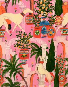 an image of a pink wallpaper with white horses and potted plants on it