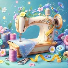 a painting of a sewing machine surrounded by colorful flowers and ribbons on a blue background