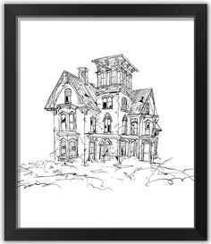 a black and white drawing of a house