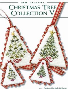 three christmas tree ornaments hanging on a red and white checkered ribbon with the words, new designs christmas tree collection v