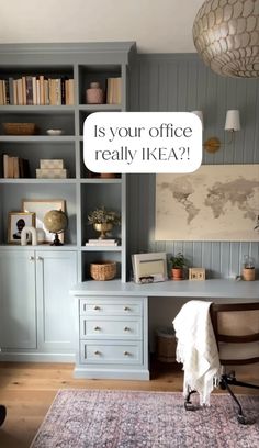 a desk with a chair and bookshelf in front of it that says is your office really ikea?