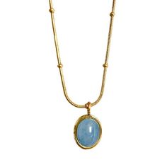 This Powder Blue Aquamarine Gemstone Necklace Is Reminiscent Of The Undulating Oceanic Waves. It Will Take You Back To Another Time And Place And Help You Relive The Joys Of The Sea Shore. *Since The Stone Used Is A Natural Stone, No Two Necklaces Will Be Identical. There May Be Slight Difference In Colour, Clarity Or Transparency Of The Stone. Chain Length: 16” + 2” Extender Stone Used: Aquamarine Stone Waterproof | Anti-Tarnish | Hypoallergenic Material: Stainless Steel + 18k Gold Plating Everyday Blue Tarnish-resistant Jewelry, Dainty Blue Round Pendant Necklace, Blue Dainty Round Pendant Necklace, Blue Delicate Chain Necklace For Everyday, Everyday Blue Necklaces With Delicate Chain, Everyday Blue Necklace With Delicate Chain, Everyday Blue Clavicle Chain Necklace, Blue Oval Birthstone Necklace, Dainty Blue Oval Necklace