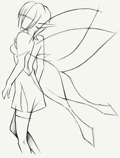 a pencil drawing of a fairy with her wings spread out, and the outlines are drawn