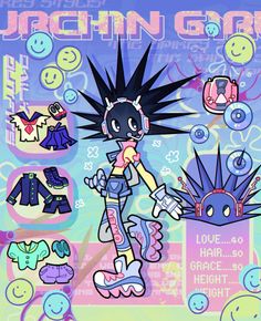 an image of a cartoon character with headphones on and various items around him that include clothes