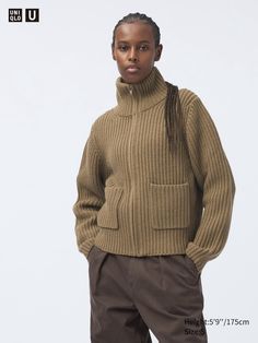 Lambswool Blend Zip-Up Jacket | UNIQLO US Styling Ideas, Helmut Lang, Zip Jacket, High Collar, Zip Up, Uniqlo, Online Purchase, Ribbed Knit, Wool Blend