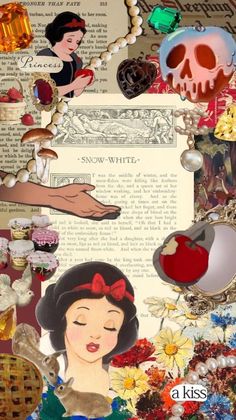 a collage of snow white and the seven dwarfs