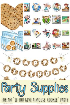 a party supplies banner with cookies and other items