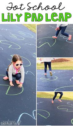 a collage of photos with the words, not school lily pad leap written in chalk