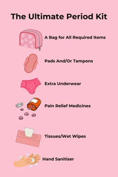 Tips For Your Period At School, School Period Hacks, Hacks For Periods, Things To Buy For Self Care, How To Feel Good On Your Period, Period Essentials Kit, Tips For Periods At School, Period Needs, Period Kit Essentials