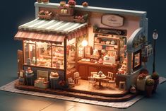 a miniature model of a small bakery with lights on the front and side windows that are lit up